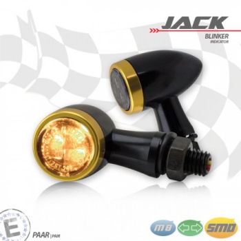 SMD-Blinkerset "Jack"schwarz , Zierring gold , M8 , Alu , getönt , Ø 22 x T 37 mm , E-geprüft