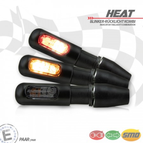 SMD-Blinker-Rücklicht "Heat"Alu , schwarz , leicht getönt , M8 , Gummiabdeckung , Maße: L 64,0 x B 15,5 x H 13 mm , E-geprüft