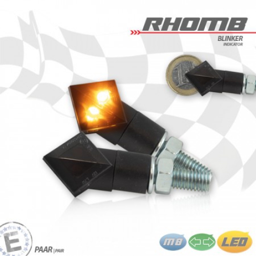 LED-Blinker "Rhomb"schwarz , Alu , getönt , Paar , M8 , Maße: L:59 B:18 H:22 mm , E-geprüft