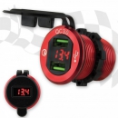 Bordsteckdose "3.0"  2 x USB + Voltanzeige  rot  Ösenkabellänge 60cm  12/24V DC  Ø 28mm  10A